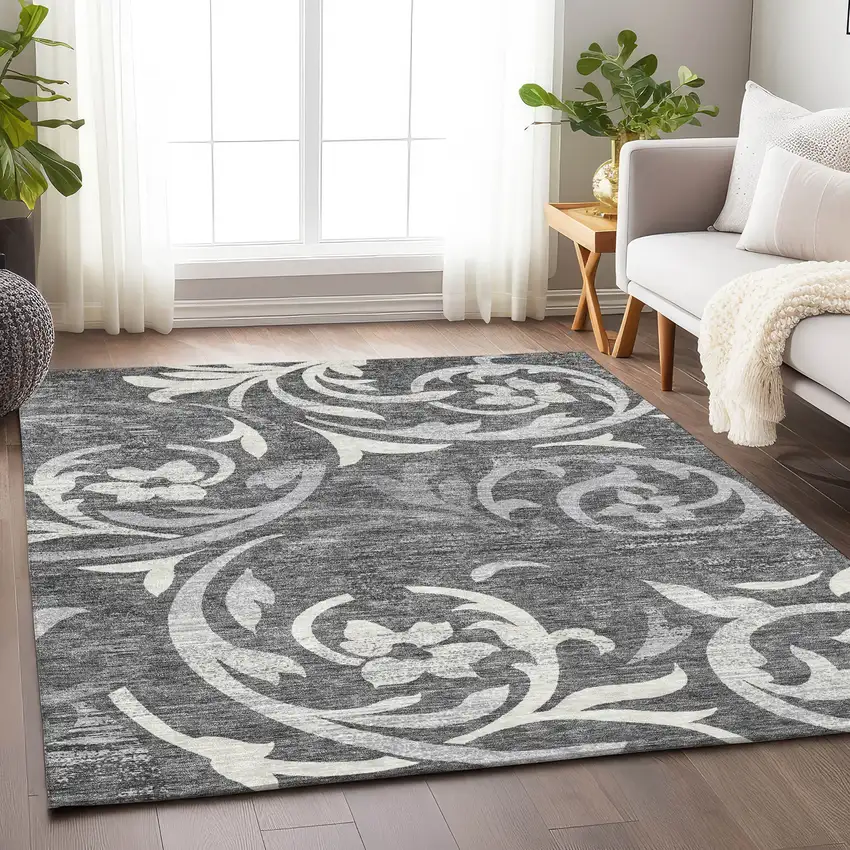 Charcoal Silver And Gray Floral Washable Area Rug With UV Protection Photo 5