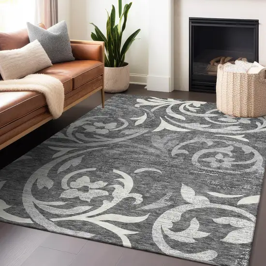 Charcoal Silver And Gray Floral Washable Area Rug With UV Protection Photo 6