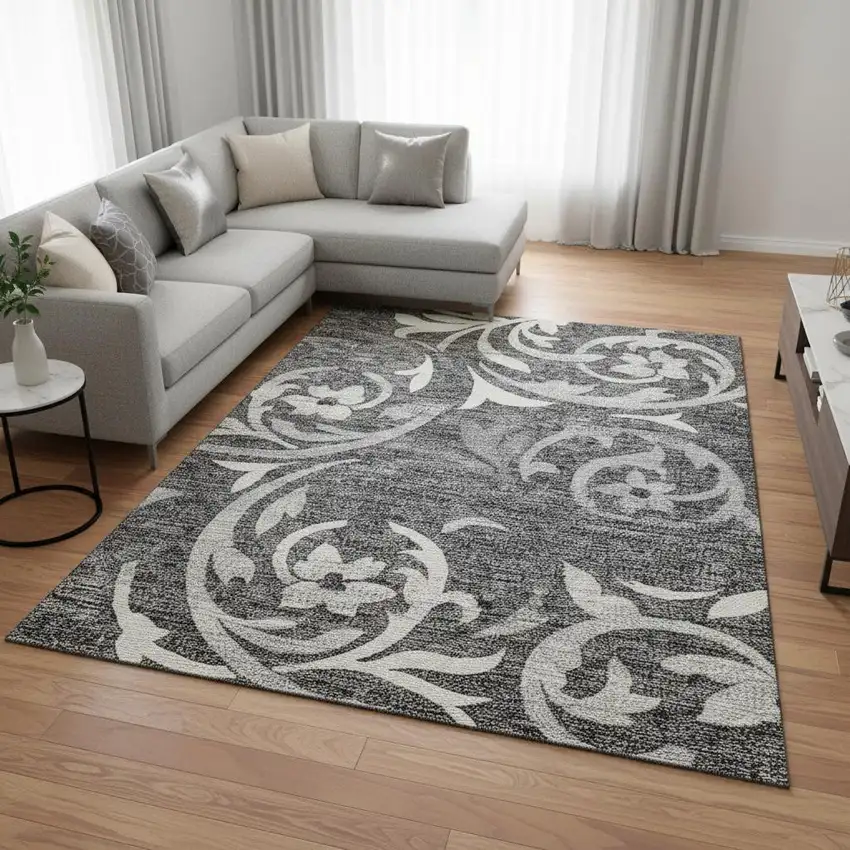 Charcoal Silver And Gray Floral Washable Area Rug With UV Protection Photo 2