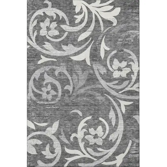 Charcoal Silver And Gray Floral Washable Area Rug With UV Protection Photo 5