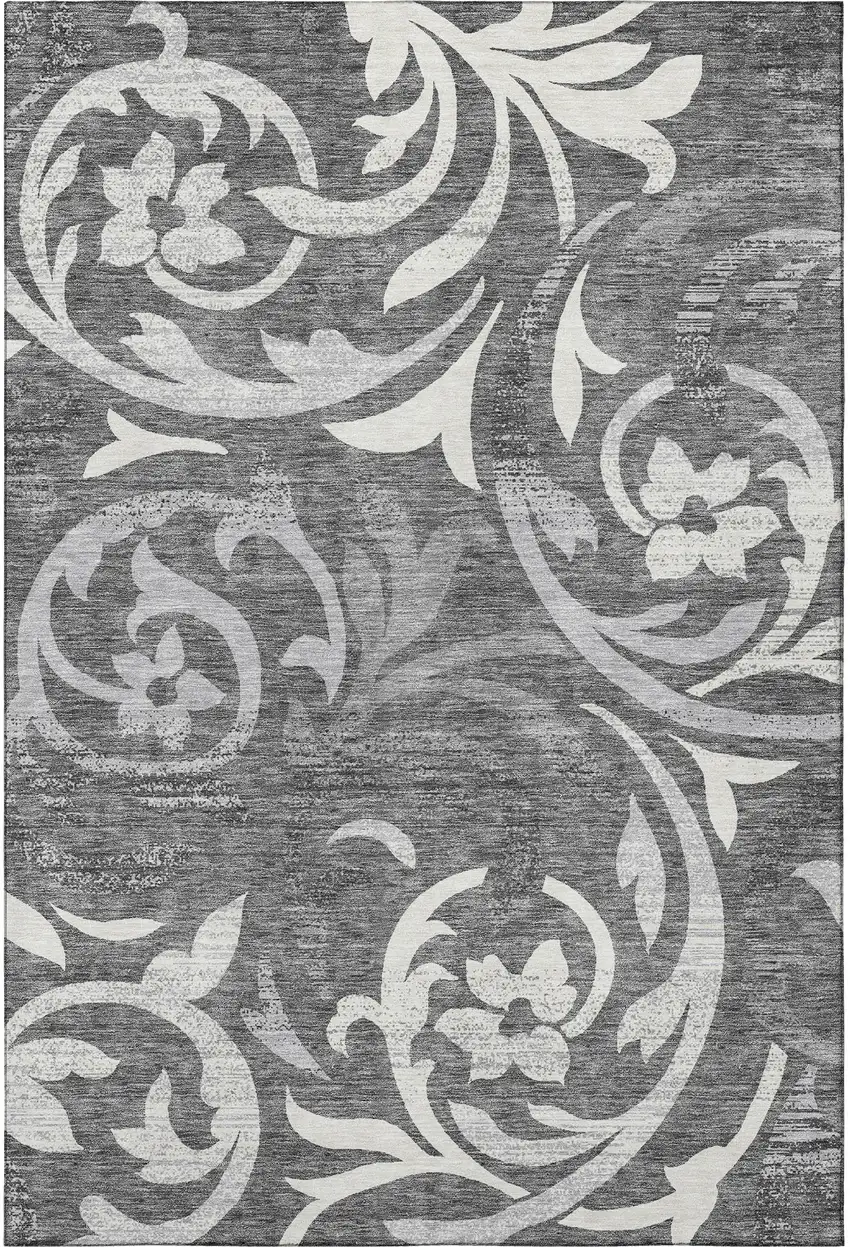 Charcoal Silver And Gray Floral Washable Area Rug With UV Protection Photo 5