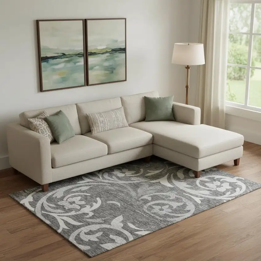 Charcoal Silver And Gray Floral Washable Area Rug With UV Protection Photo 1