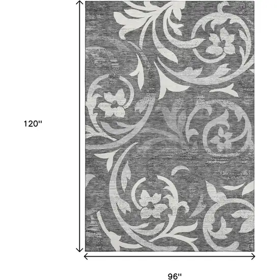 Charcoal Silver And Gray Floral Washable Area Rug With UV Protection Photo 3