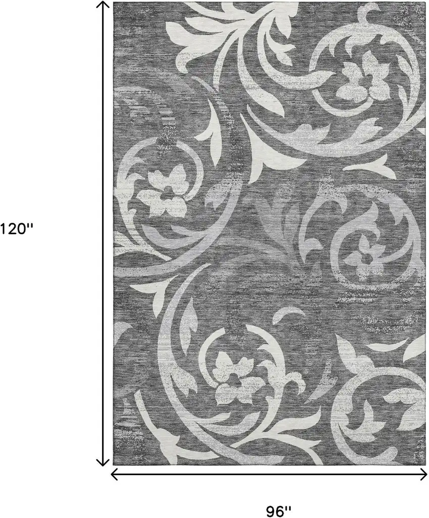 Charcoal Silver And Gray Floral Washable Area Rug With UV Protection Photo 3
