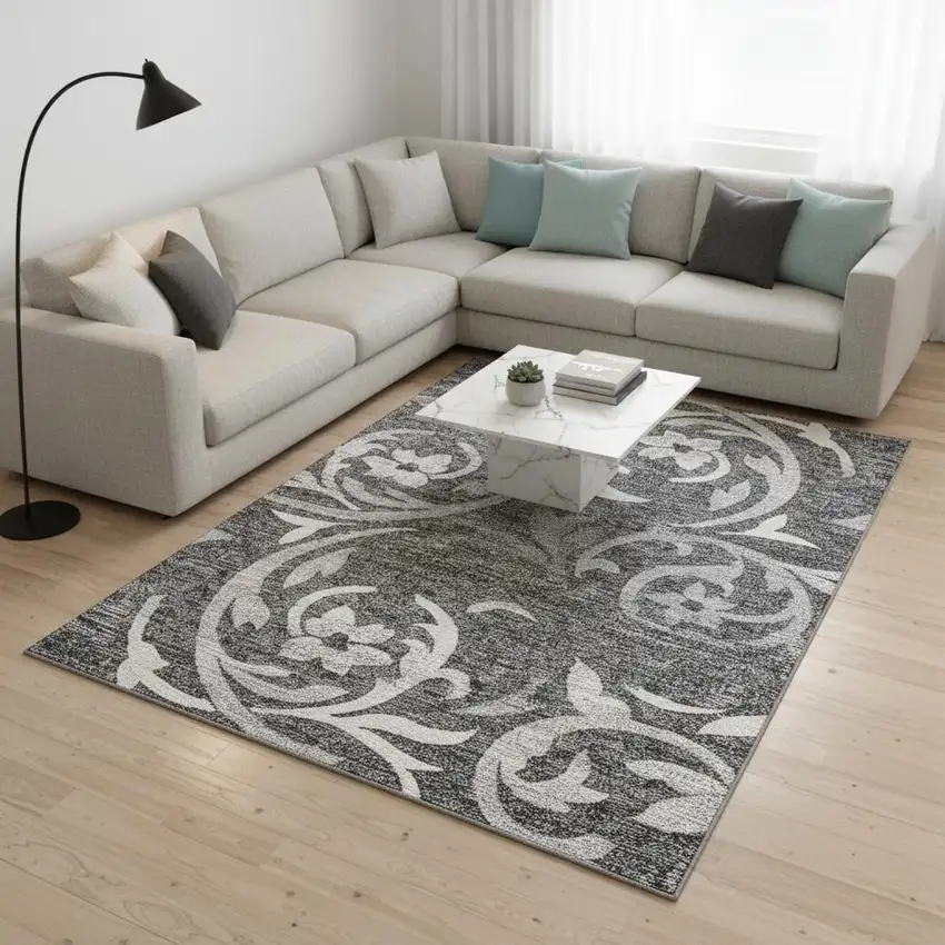 Charcoal Silver And Gray Floral Washable Area Rug With UV Protection Photo 2