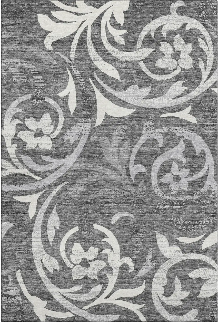 Charcoal Silver And Gray Floral Washable Area Rug With UV Protection Photo 1