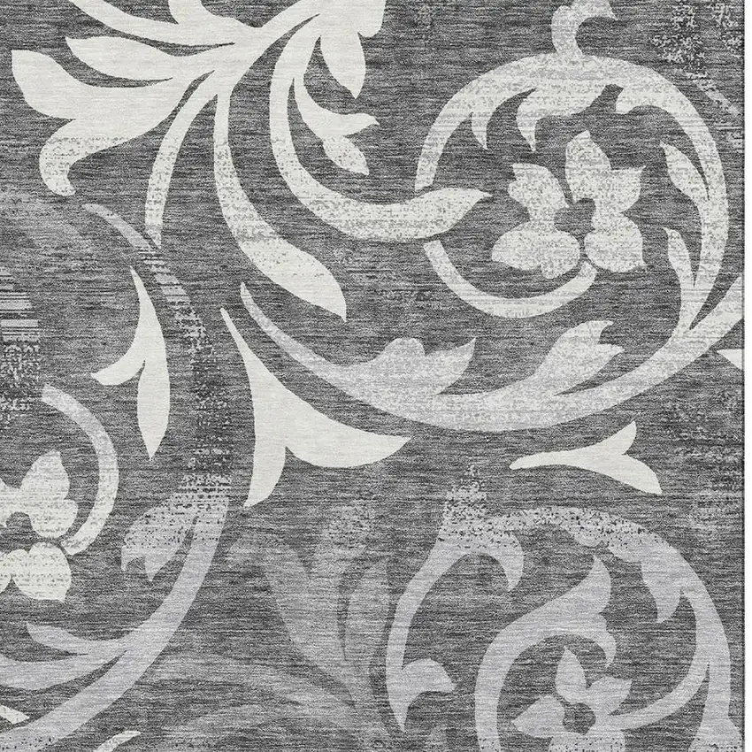Charcoal Silver And Gray Floral Washable Area Rug With UV Protection Photo 4