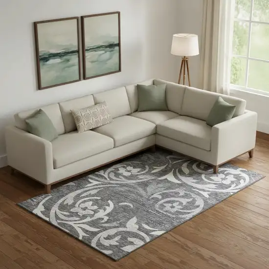 Charcoal Silver And Gray Floral Washable Area Rug With UV Protection Photo 1