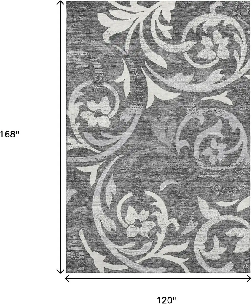 Charcoal Silver And Gray Floral Washable Area Rug With UV Protection Photo 3