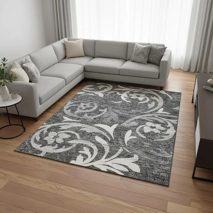 Charcoal Silver And Gray Floral Washable Area Rug With UV Protection Photo 2