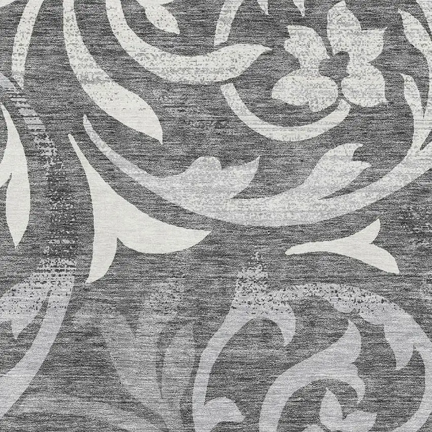 Charcoal Silver And Gray Floral Washable Area Rug With UV Protection Photo 3