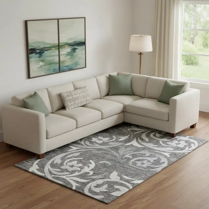 Charcoal Silver And Gray Floral Washable Area Rug With UV Protection Photo 1