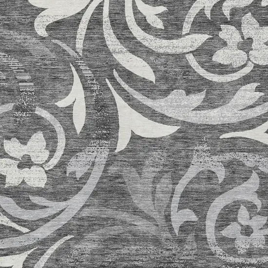 Charcoal Silver And Gray Floral Washable Indoor Outdoor Area Rug Photo 5