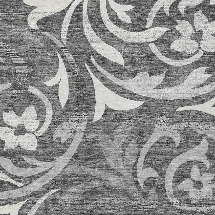 Charcoal Silver And Gray Floral Washable Indoor Outdoor Area Rug Photo 5