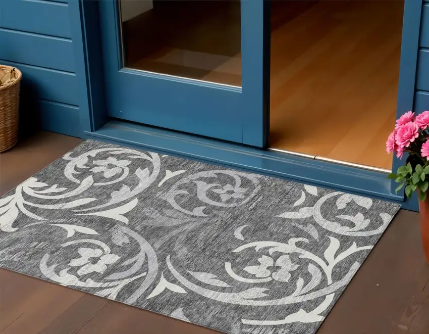 Charcoal Silver And Gray Floral Washable Indoor Outdoor Area Rug Photo 1