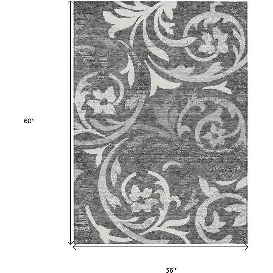 Charcoal Silver And Gray Floral Washable Indoor Outdoor Area Rug Photo 7