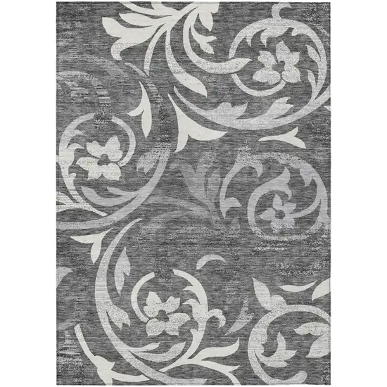 Charcoal Silver And Gray Floral Washable Indoor Outdoor Area Rug Photo 2