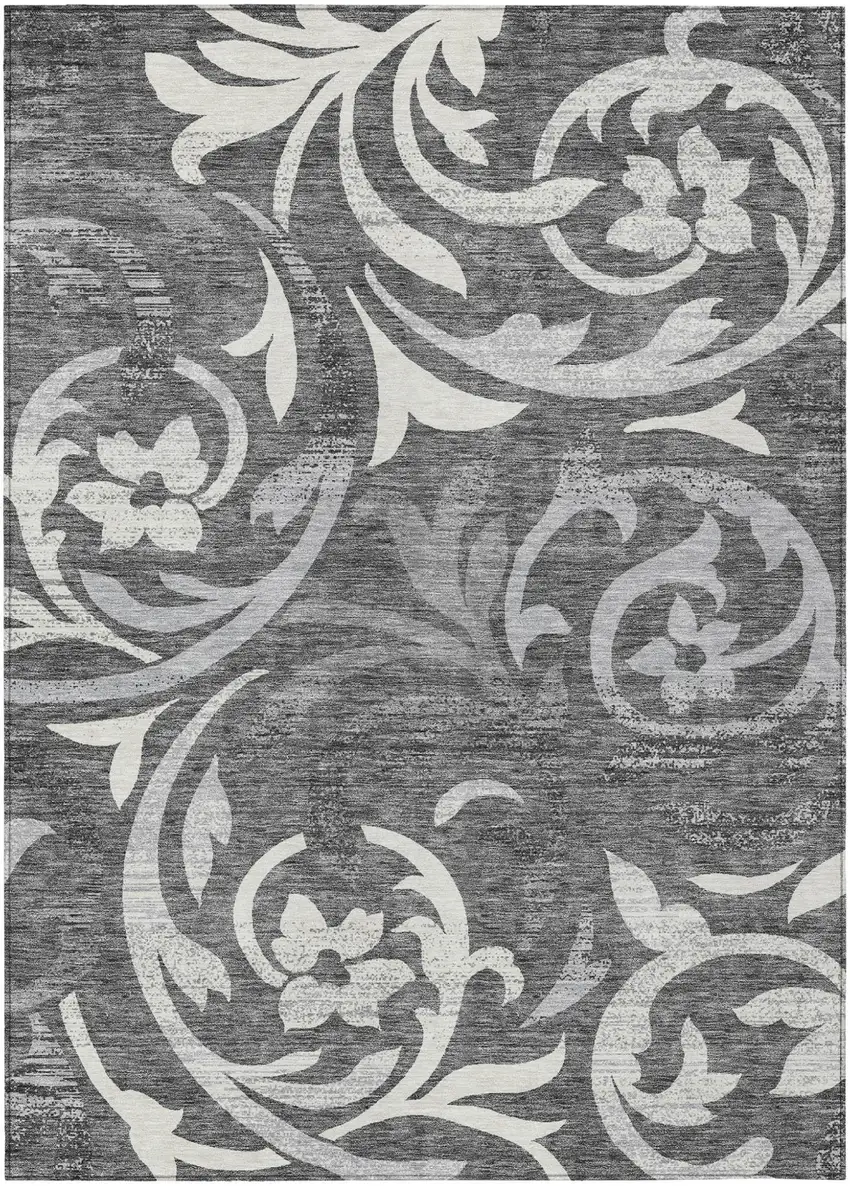 Charcoal Silver And Gray Floral Washable Indoor Outdoor Area Rug Photo 2