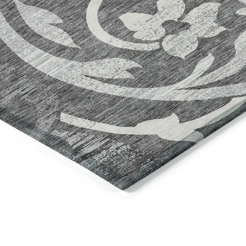 Charcoal Silver And Gray Floral Washable Indoor Outdoor Area Rug Photo 3