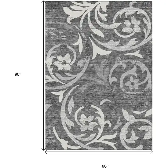 Charcoal Silver And Gray Floral Washable Indoor Outdoor Area Rug Photo 3