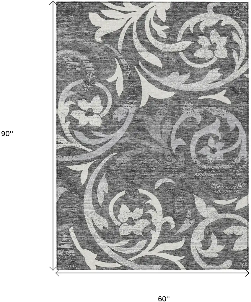 Charcoal Silver And Gray Floral Washable Indoor Outdoor Area Rug Photo 3