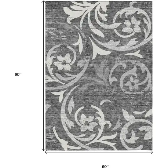 Charcoal Silver And Gray Floral Washable Indoor Outdoor Area Rug Photo 3
