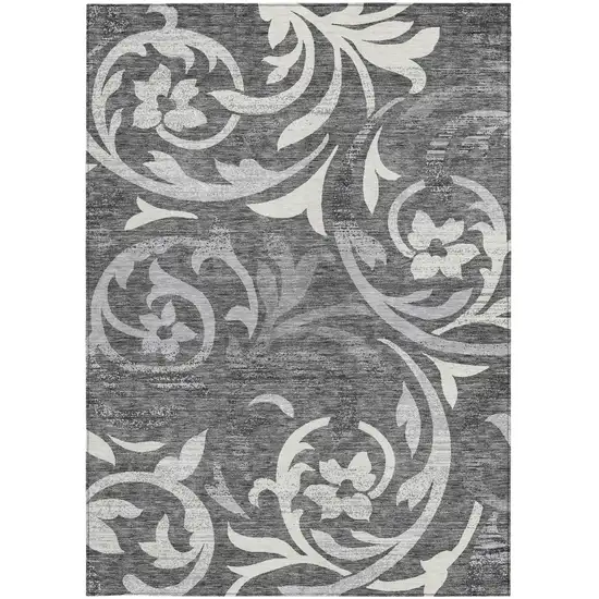 Charcoal Silver And Gray Floral Washable Indoor Outdoor Area Rug Photo 5