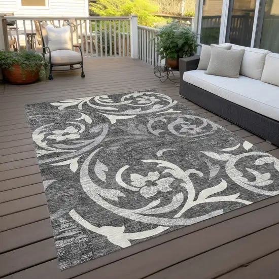 Charcoal Silver And Gray Floral Washable Indoor Outdoor Area Rug Photo 9