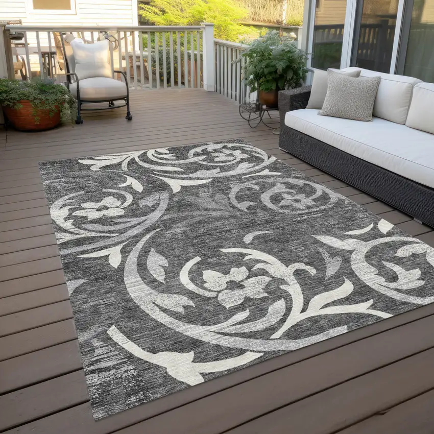 Charcoal Silver And Gray Floral Washable Indoor Outdoor Area Rug Photo 9