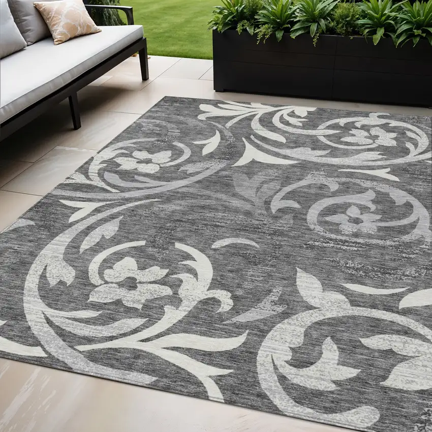 Charcoal Silver And Gray Floral Washable Indoor Outdoor Area Rug Photo 1