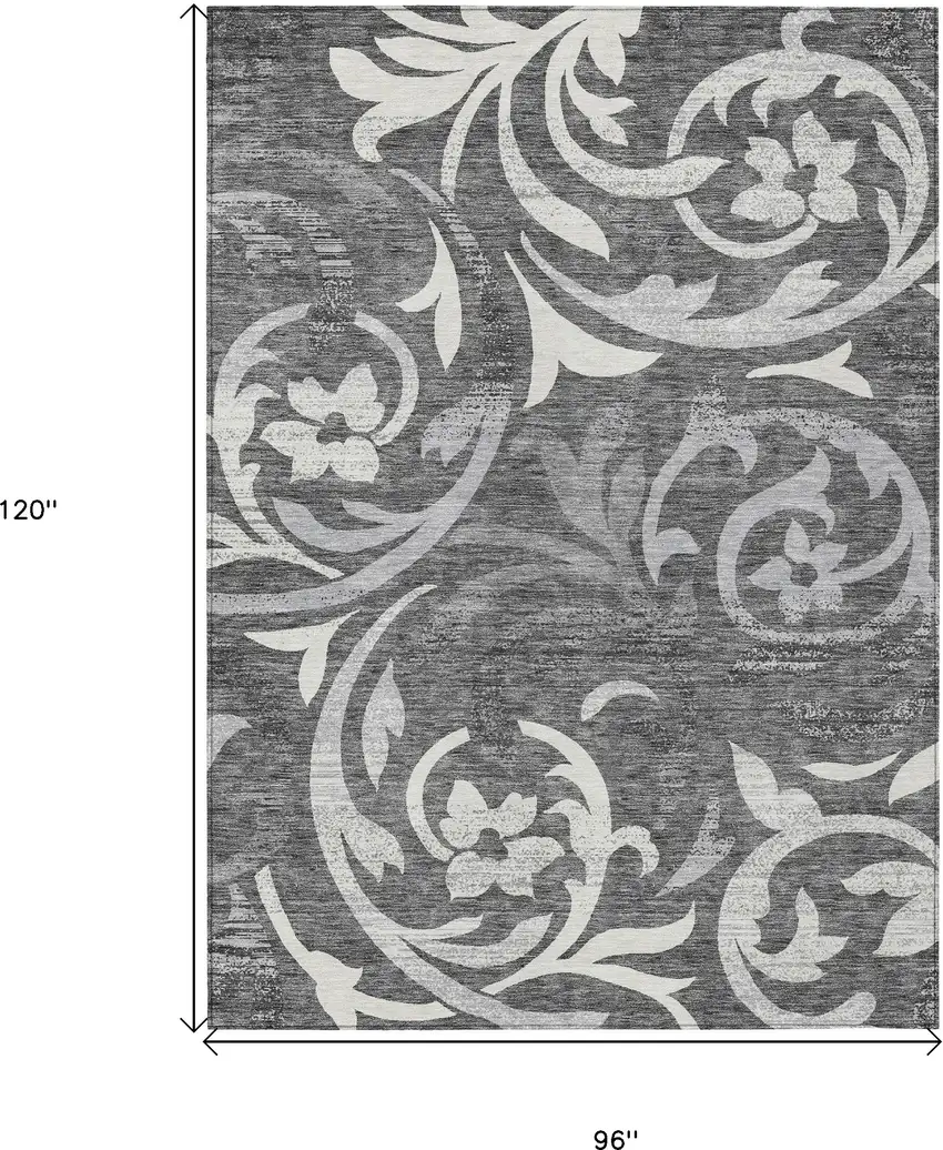 Charcoal Silver And Gray Floral Washable Indoor Outdoor Area Rug Photo 3