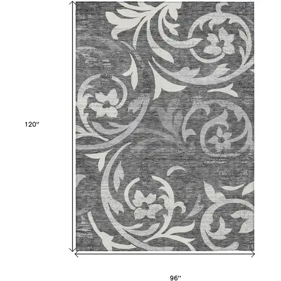 Charcoal Silver And Gray Floral Washable Indoor Outdoor Area Rug Photo 3