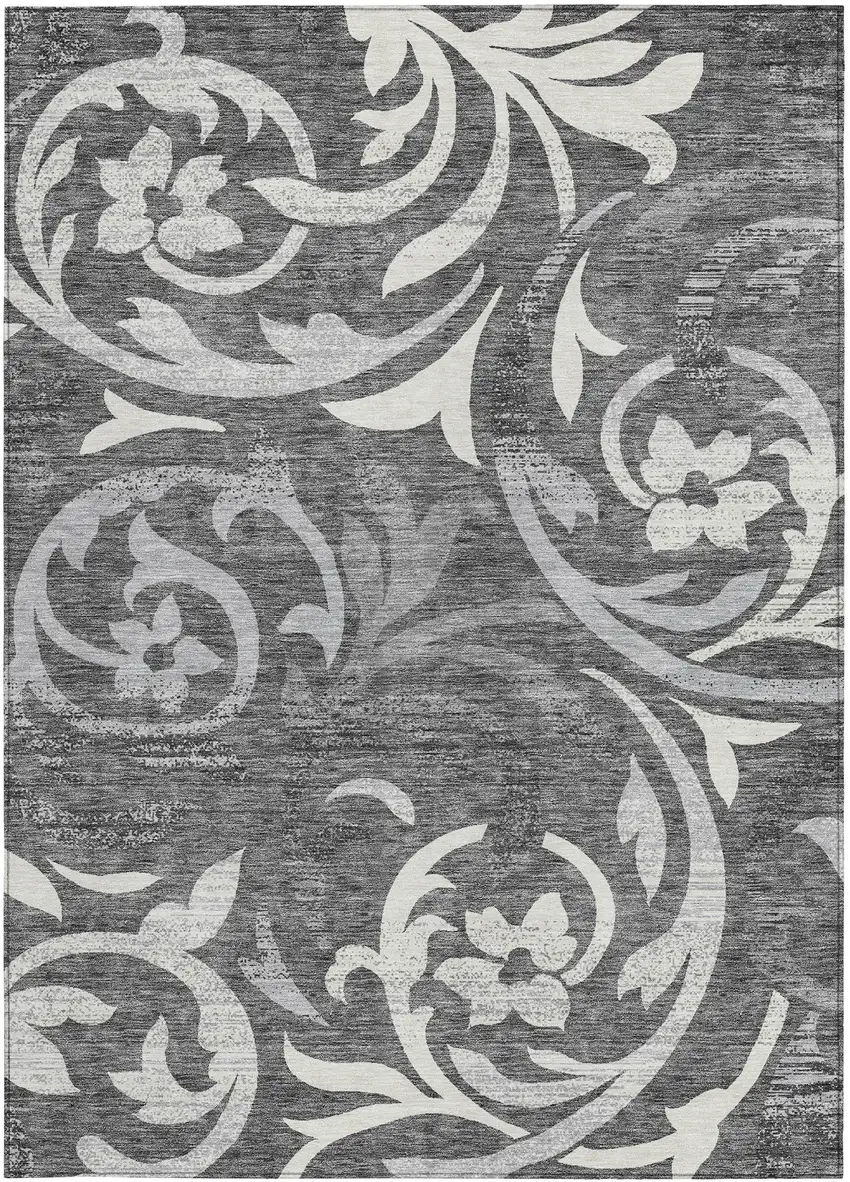 Charcoal Silver And Gray Floral Washable Indoor Outdoor Area Rug Photo 5