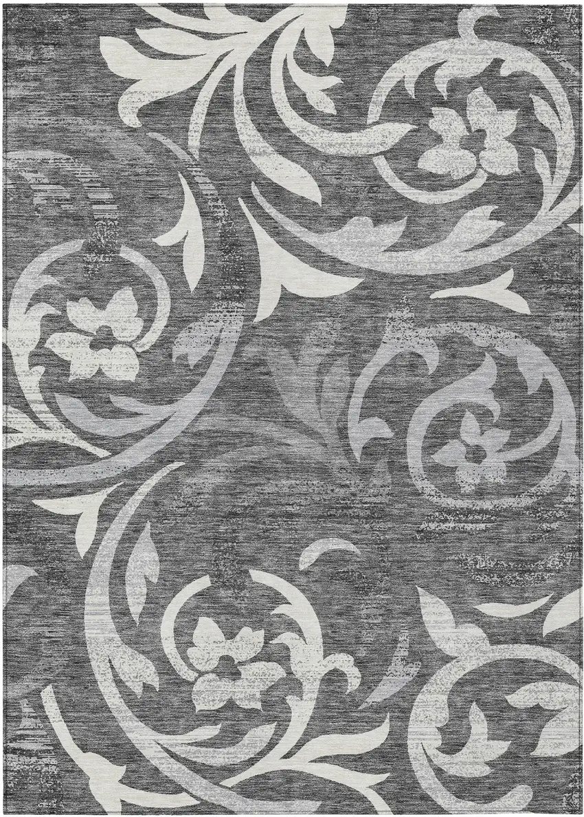 Charcoal Silver And Gray Floral Washable Indoor Outdoor Area Rug Photo 1