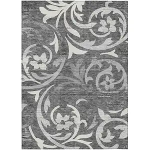 Photo of Charcoal Silver And Gray Floral Washable Indoor Outdoor Area Rug