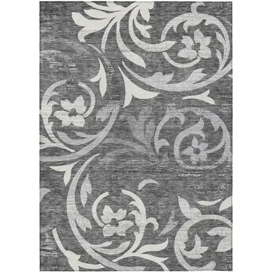 Charcoal Silver And Gray Floral Washable Indoor Outdoor Area Rug Photo 1