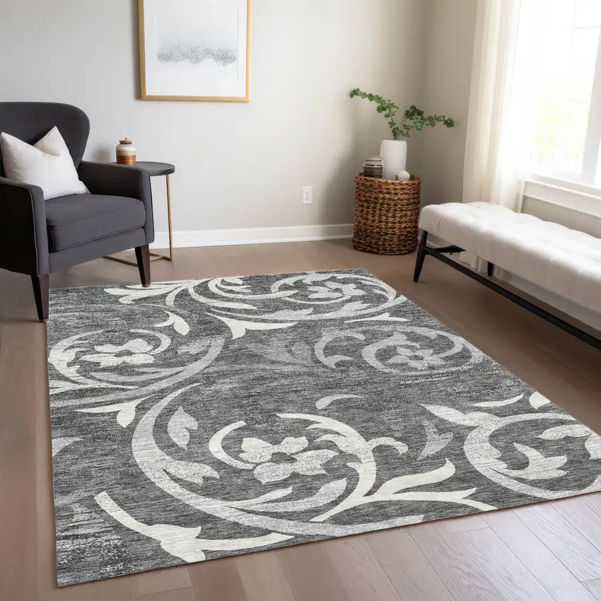 Charcoal Silver And Gray Floral Washable Indoor Outdoor Area Rug Photo 8