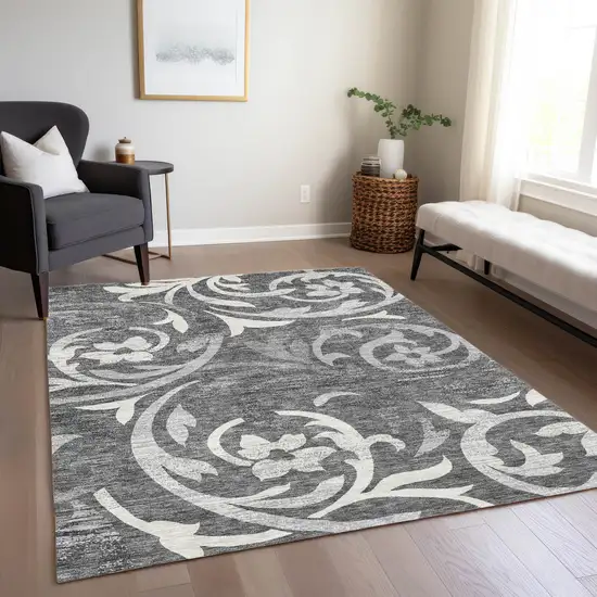 Charcoal Silver And Gray Floral Washable Indoor Outdoor Area Rug Photo 8