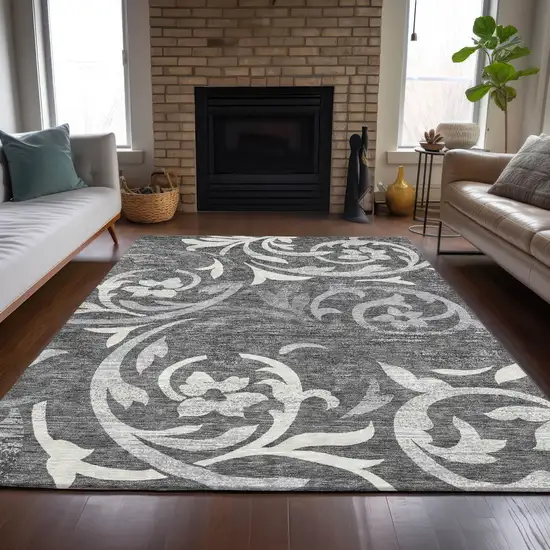 Charcoal Silver And Gray Floral Washable Indoor Outdoor Area Rug Photo 7