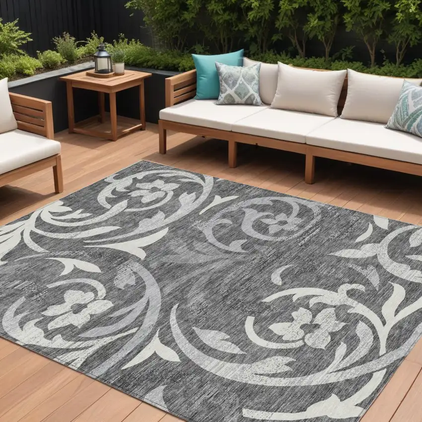 Charcoal Silver And Gray Floral Washable Indoor Outdoor Area Rug Photo 1