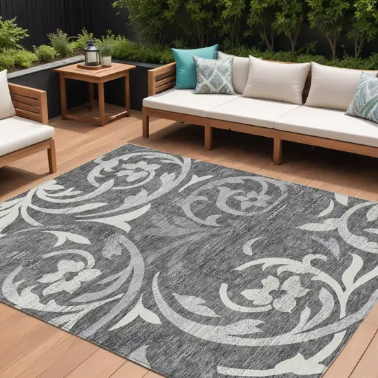 Charcoal Silver And Gray Floral Washable Indoor Outdoor Area Rug Photo 1