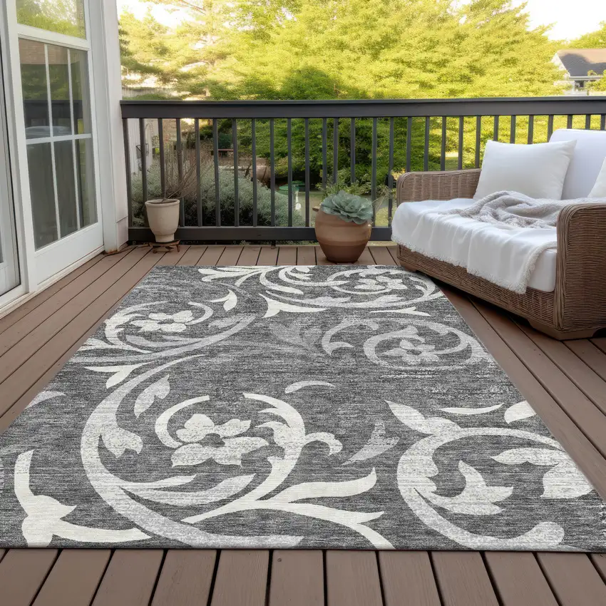 Charcoal Silver And Gray Floral Washable Indoor Outdoor Area Rug Photo 6