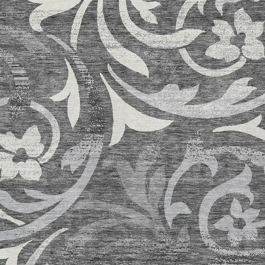 Charcoal Silver And Gray Floral Washable Indoor Outdoor Area Rug Photo 4