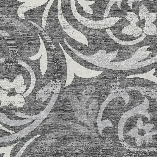 Charcoal Silver And Gray Floral Washable Indoor Outdoor Area Rug Photo 4