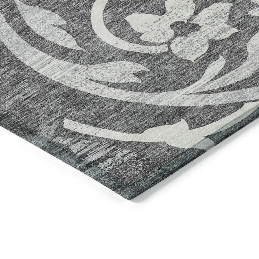 Charcoal Silver And Gray Floral Washable Indoor Outdoor Area Rug Photo 3