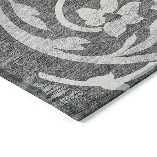 Charcoal Silver And Gray Floral Washable Indoor Outdoor Area Rug Photo 3