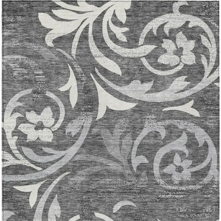 Charcoal Silver And Gray Floral Washable Indoor Outdoor Area Rug Photo 4