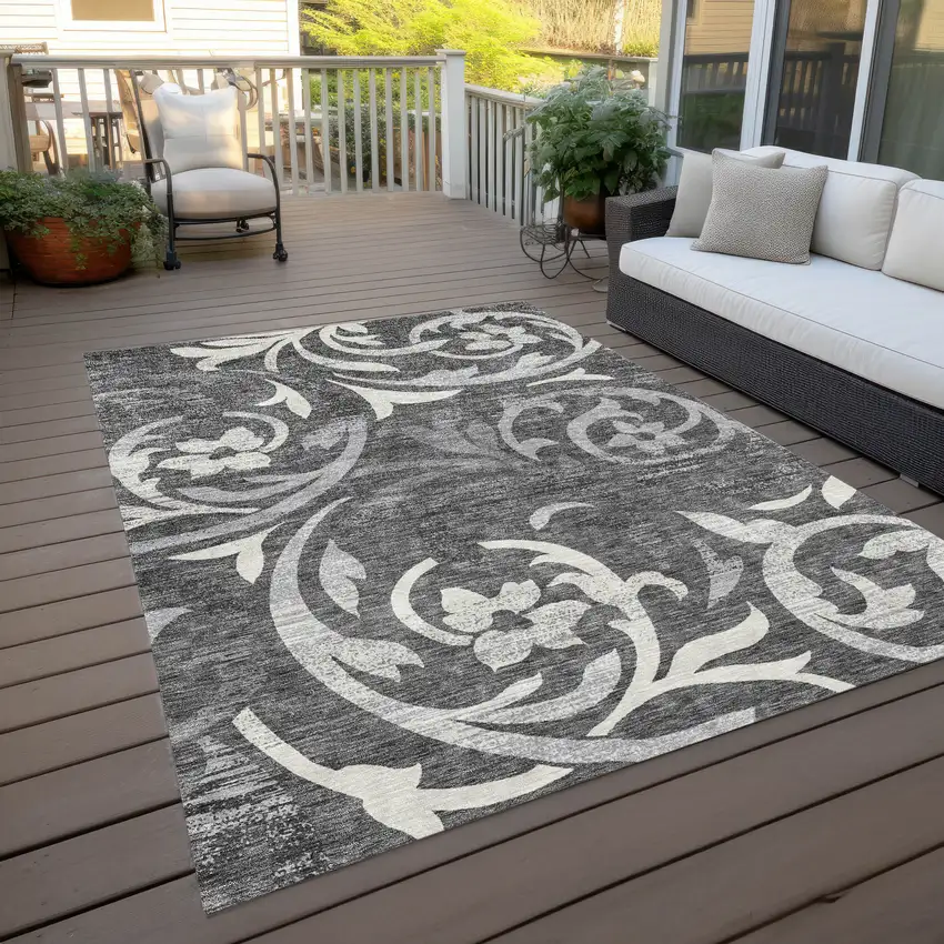 Charcoal Silver And Gray Floral Washable Indoor Outdoor Area Rug Photo 9