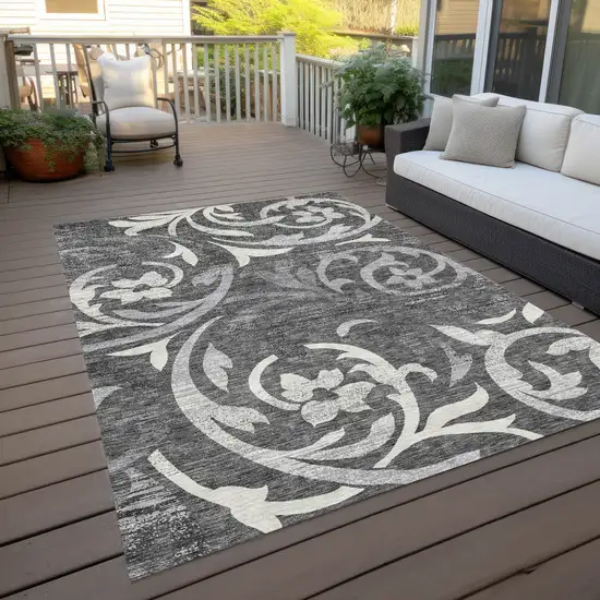 Charcoal Silver And Gray Floral Washable Indoor Outdoor Area Rug Photo 9