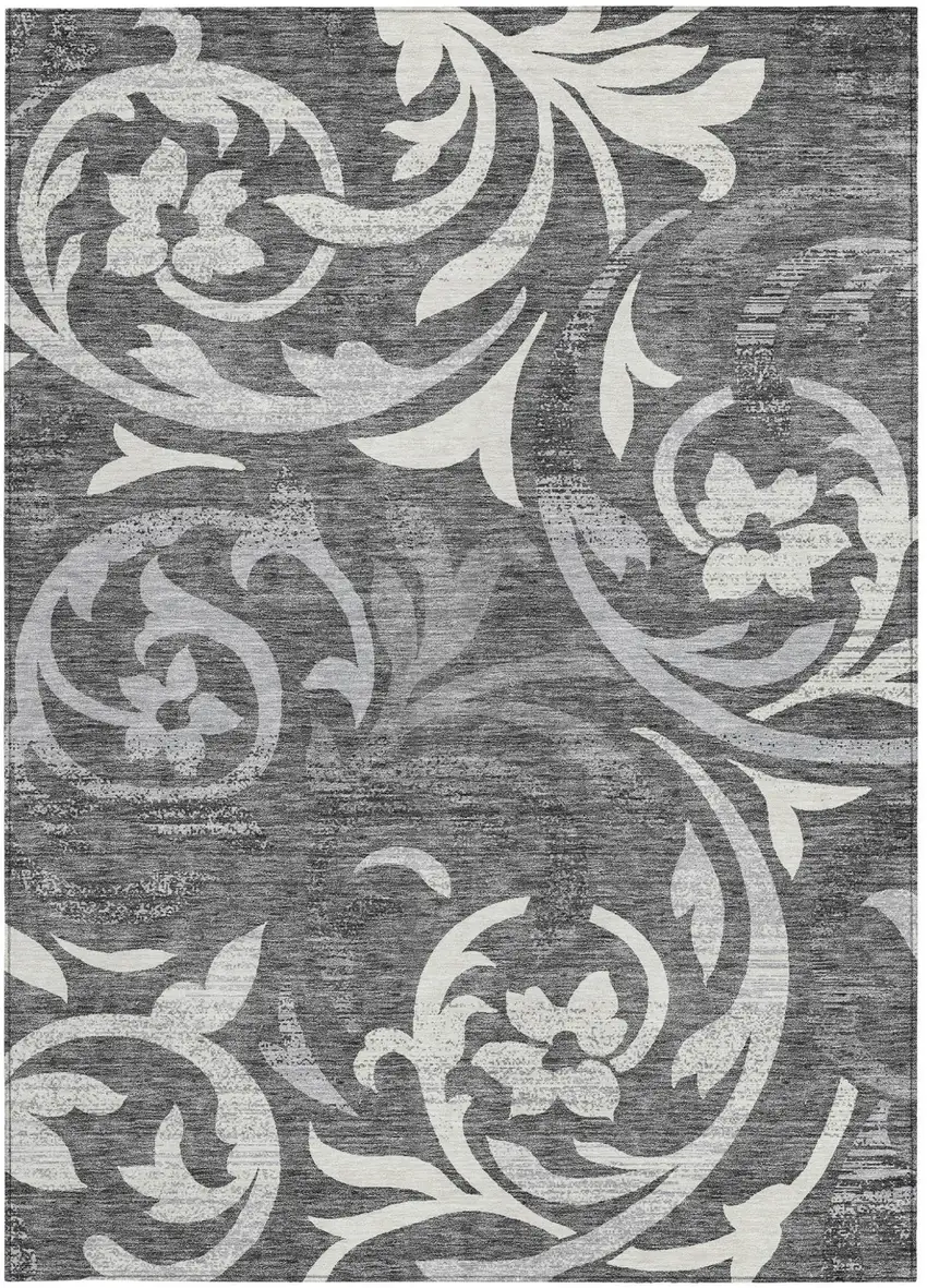 Charcoal Silver And Gray Floral Washable Indoor Outdoor Area Rug Photo 5